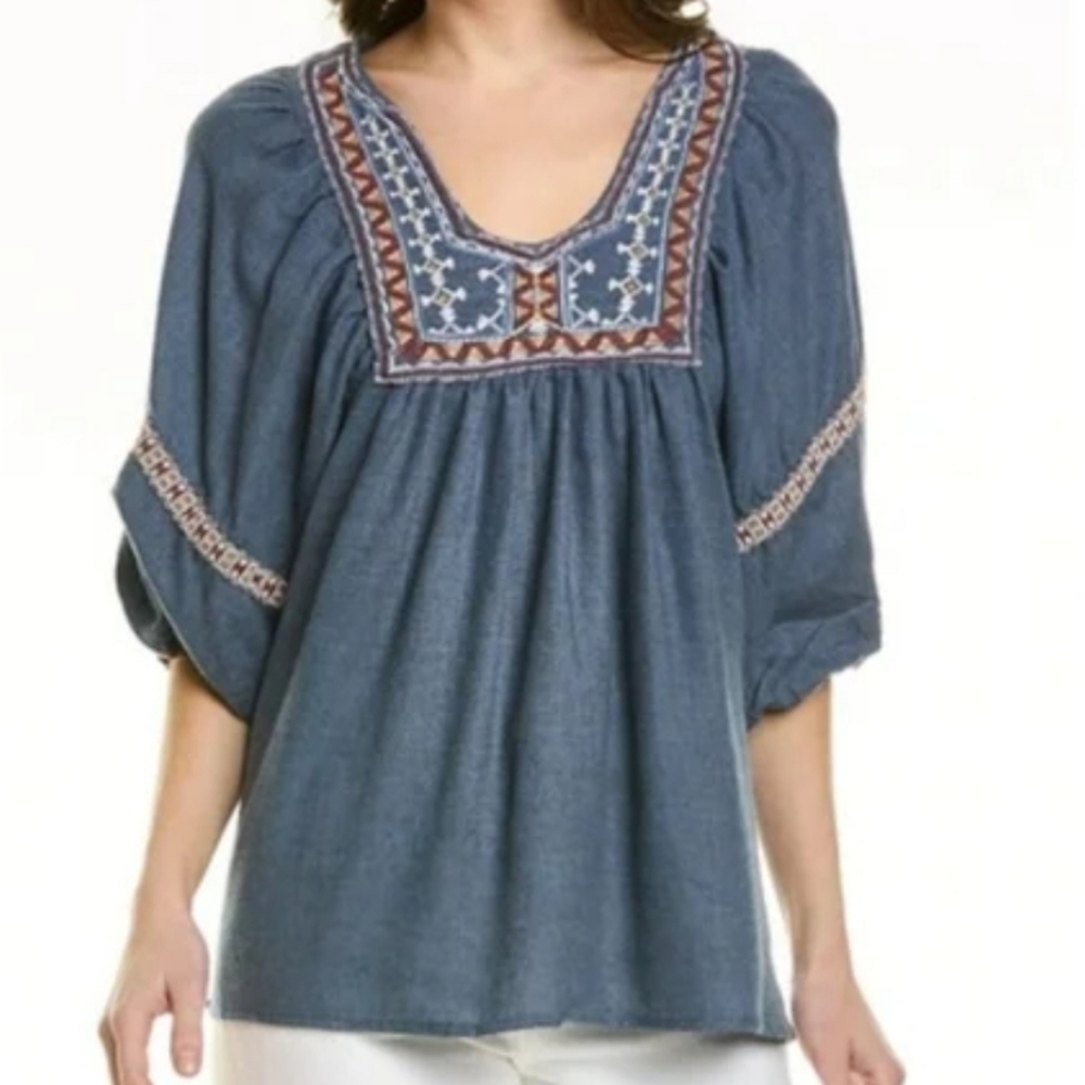 Max Studio Embroidered Boho Pesant Puff Sleeved Festival Blouse Cotton Blend XS